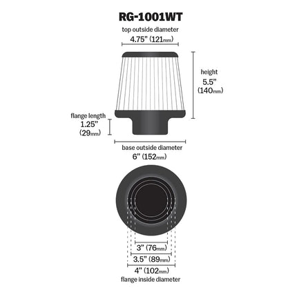 Filtro de aire universal K&N con abrazadera: alto rendimiento, premium, lavable, filtro de repuesto: diámetro de brida: 4 pulg., altura del filtro: 5.5 pulg., longitud de brida: 1.125 pulg., forma: cónico redondo, RG-1001WT