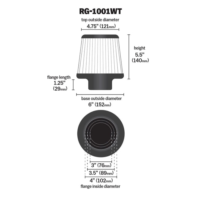 Filtro de aire universal K&N con abrazadera: alto rendimiento, premium, lavable, filtro de repuesto: diámetro de brida: 4 pulg., altura del filtro: 5.5 pulg., longitud de brida: 1.125 pulg., forma: cónico redondo, RG-1001WT