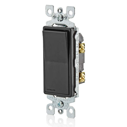 Leviton 5601-2E 15 Amp, 120/277 Volt, Decora Rocker Single-Pole AC Quiet Switch, Residential Grade, Grounding, Black