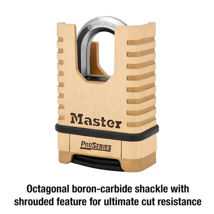 Master Lock 58mm Shrouded Combination Padlock with 4 Digit Resettable Code Solid Brass Body Boron Carbide Shackle for Locker Gate Or Storage Security