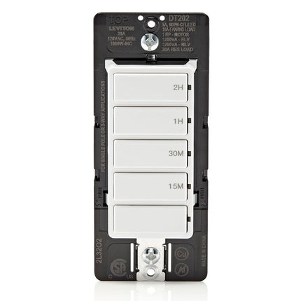 Leviton Countdown Switch for Lights, attic, heaters, Pool Pumps, 15-30 min, 1-2 Hour, Neutral Wire Required, 20A, 1 HP/16A Fan/Motor, Single Pole, Multi-Way or Multi-Timer, DT202-1LW, White