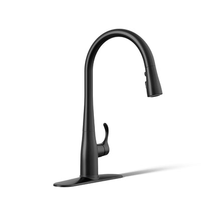 Kohler K-596-BL Simplice High-Arch Single-Hole or Three-Hole, Single Handle, Pull-Down Sprayer Kitchen Faucet, Matte Black with 3-Function Spray Head, Sweep Spray and Docking Spray Head Technology