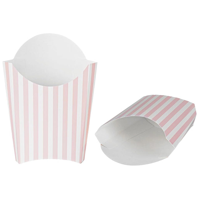 Bio Tek 4.7 x 3.5 x 5.1 Inch French Fry Cup, 100 Disposable Snack Cups - Stackable, Sustainable, Pink and White Paper 4 Ounce Fry Holder, for Fries, Onion Rings, Popcorn, or Cookies - Restaurantware