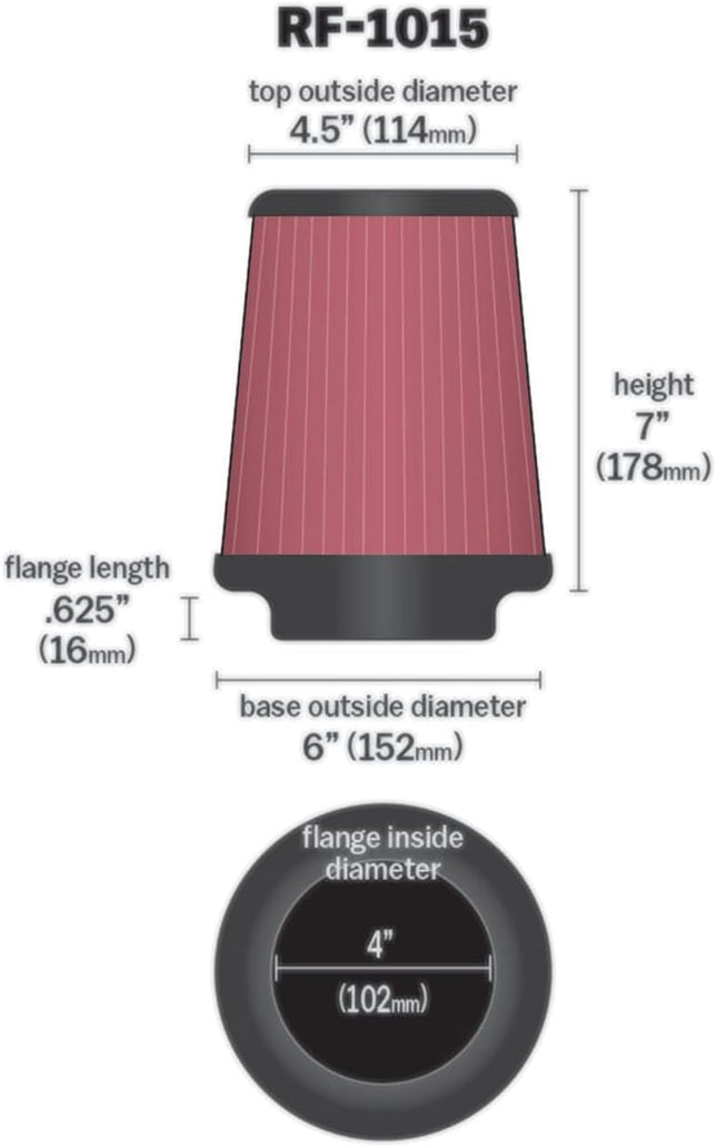 Filtro de aire universal K&N de abrazadera: alto rendimiento, premium, lavable, filtro de repuesto: diámetro de brida: 4 pulgadas, altura del filtro: 7 pulgadas, longitud de brida: 0.625 pulgadas, forma: cónica redonda, RF-1015