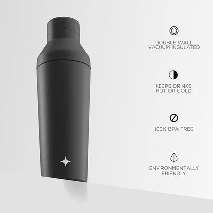 JoyJolt Triple Insulated Cocktail/Protein Shaker Bottle. 20oz Shaker Cup with Alcohol Measure Lid and Jigger Cap. 12hr Ice Cold Bottle for Protein Mixes, Shake or Smoothie, Metal Mixer