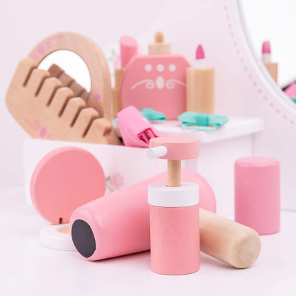 Bigjigs Toys Wooden Kids Vanity Case - 11 Piece Vanity Kit & Accessories with Pink Polka Dot Carry Bag, Ideal Pretend Play Toy & Gift for Girls