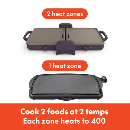 bella 10"x 20" Ceramic Fold-n-Store Dual Temp Griddle, Fits-anywhere Kitchenware, EverGood Ceramic Nonstick Coating, 2 Temperature Zones up to 400°F, Dishwasher Safe Drip Tray, 1500 Watt, Plum