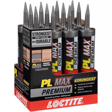 Loctite PL Premium Max Construction Adhesive, Versatile Construction Glue for Wood, Concrete, Stone & More - 9 fl oz Cartridge, Pack of 12