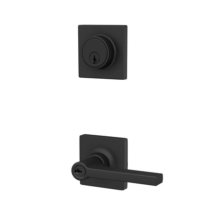 Lock Scout Straight Lever with Square Trim Keyed Entry Door Handle and Single Cylinder Deadbolt, Matte Black Finish