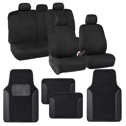 BDK PolyPro Fundas para Asientos de Coche Negras Juego Completo con Alfombrillas de Moqueta a Juego - Fundas de Asientos de Automoción para Coches Camionetas SUV - Incluye Funda para Asiento Trasero Abatible - Accesorios Interiores para Coche