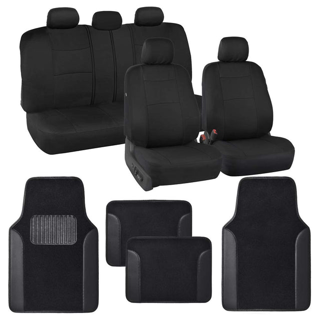 BDK PolyPro Black Car Seat Covers Full Set with Matching Carpet Floor Mats - Automotive Seat Covers for Cars Trucks SUV - Includes Split Bench Rear Seat Cover - Interior Car Accessories
