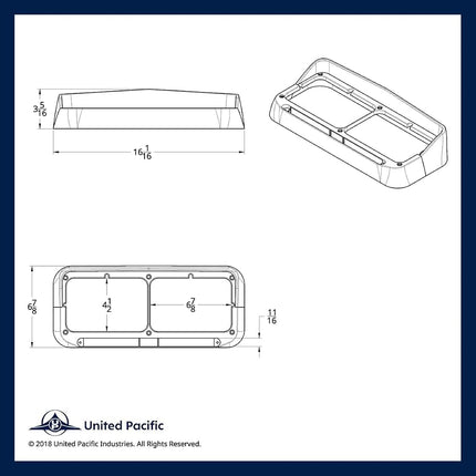 Embellecedor de faro doble rectangular de 14 LED cromado United Pacific 32351 con visera, cromado, plástico moldeado por inyección, barra de luz LED preinstalada – LED ámbar/lente ámbar – UN embellecedor