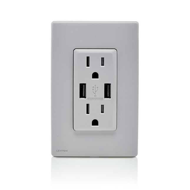 Leviton RUAA1-PG Renu Cargador USB/Receptáculo Dúplex Resistente a Manipulaciones, 15A-125VCA, Gris Guijarro 15-Amperios