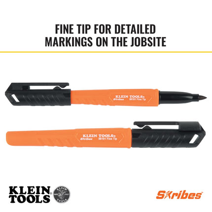 Klein Tools 861014 Skribes Fine Tip Permanent Markers, Black, Hard Hat Clip, Multi-Surface Jobsite Marker for Wet, Dry and Oily Surfaces, 4-Pack