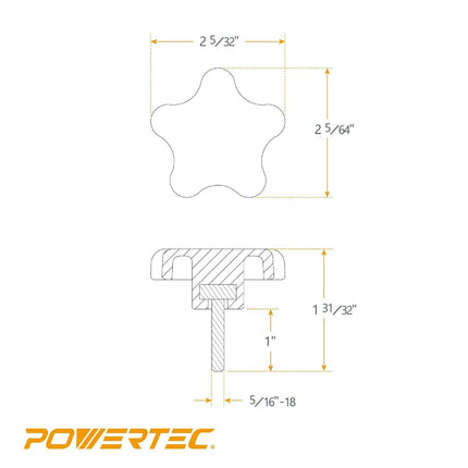 PowerTec QNB3007-P2 5-Star Stud Knob, 5/16"-18, 10 PK