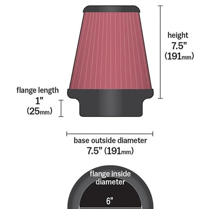 K&N Universal Clamp-On Air Filter: High Performance, Premium, Washable, Replacement Engine Filter: Flange Diameter: 6 In, Filter Height: 7.5 In, Flange Length: 1 In, Shape: Round Tapered, RU-1041