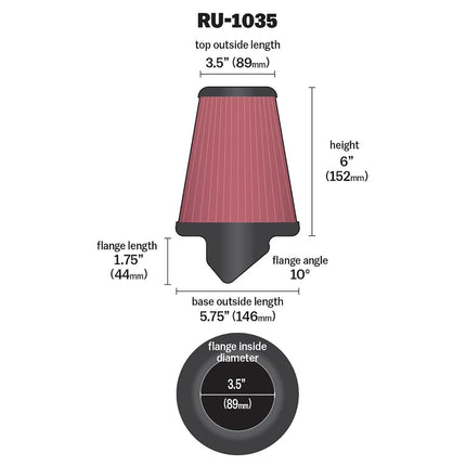 K&N High-Flow Original Lifetime Universal Clamp-On Air Filter: High Performance, Premium, Washable: Flange Diameter: 3.5 In, Filter Height: 6 In, Flange Length: 1.75 In, Shape: Round Tapered, RU-1035