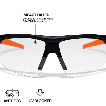 KLEIN TOOLS 03615 Bifocal Safety Glasses with +2.00 Diopters for Magnification, ANSI Z87.1+ and CSA Z94.3 Certified, Anti-Fog and UV Protection, Low-Profile, Non-Slip Nosepiece, High Optical Clarity