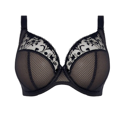 Elomi Women's Charley Plunge Bra: Elegant Floral Embroidery, Everyday Comfort. Low Plunge Front Flexible Back Sweep DD+ Bras, Jet, 44E