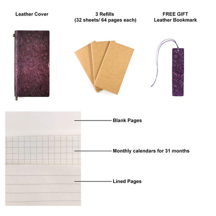 Refillable Leather Journal, Handmade Notebook with Bookmark for Men & Women, Vintage Notebook perfect for writing, gifts, travelers (Purple, Standard)