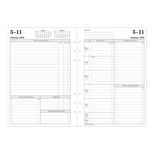 Filofax Calendar Diary Refill, A5 Size, Week-to-View with Appointments, Time Management, White Paper, Ruled, English, 2026 (CTM7051-26)