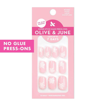 Olive & June Classic Super Stick Mani Press On Nails | Short Squoval | No Glue Needed | 32 Tab Nails in 16 Sizes | Non-Toxic Tabs Easy On-Off Non-Damaging Realest Look | 7-Day Wear | Large Snowflakes