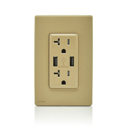 Leviton RUAA2-WC Prise double Renu avec chargeur USB/obturateurs de sécurité, 20 A-125 V CA, Caramel chaud 20 A
