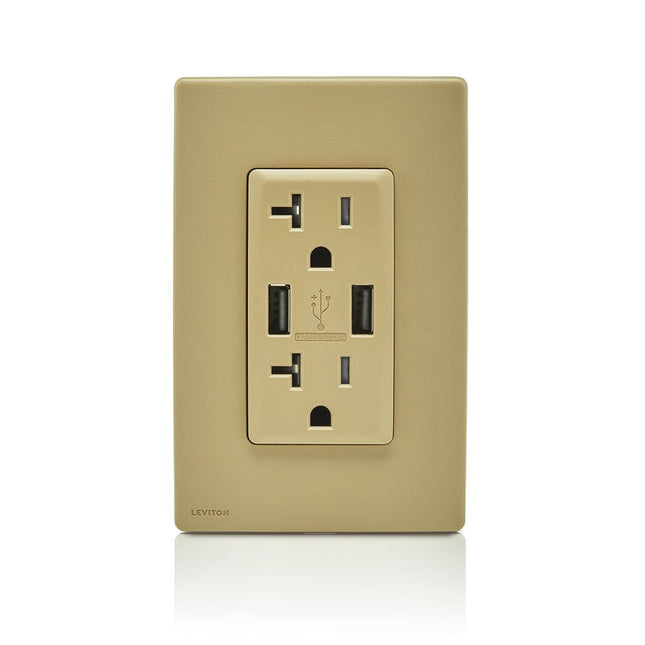 Leviton RUAA2-WC Renu tomacorriente dúplex con cargador USB/resistente a manipulaciones, 20A-125VAC, caramelo cálido 20 A