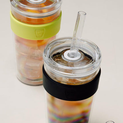 KeepCup Longplay Cold Cup - Double wall Glass, Reusable Ice Coffee Cup with Boba Straw and Lid - Medium 12oz (340ml) - Black
