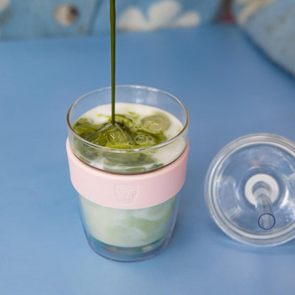 KeepCup Longplay Cold Cup - Double wall Glass, Reusable Ice Coffee Cup with Boba Straw and Lid - Medium 12oz (340ml) - Chalk