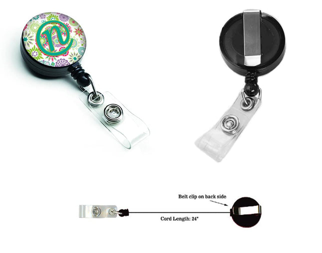 Caroline's Treasures Letter N Flowers Pink Teal Green Initial Retractable Badge Reel, Multicolor (CJ2011-NBR)