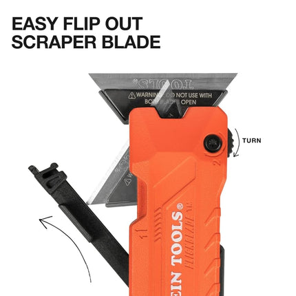 Klein Tools 44306 FLICKBLADE 2-in-1 Folding Utility Knife and Scraper, Built-in Blade Storage, Double Locking Position, Includes 3 Triple Ground Carbon Steel Blades