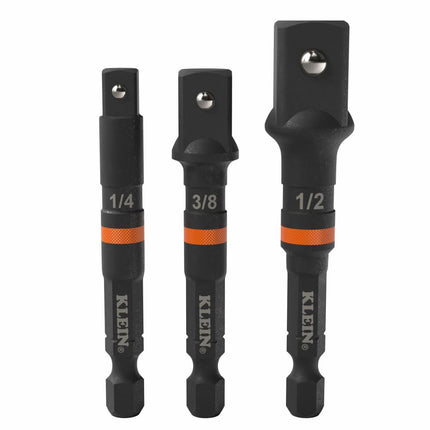 Klein Tools 65030A 3-Piece Impact Driver Socket Adapter Set, 3-Inch Quick-Connect Extensions, Knurled Grip, High-Visibility, 1/4, 3/8, and 1/2-Inch Square Drive Adapters