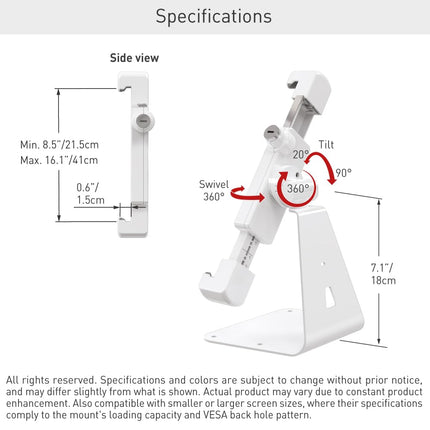 Barkan 8.7â€ - 12â€ Lockable Anti-Theft Tablet Desk Stand, Up to 3 lbs, White & Silver, Touch & Tilt, 360° Rotation
