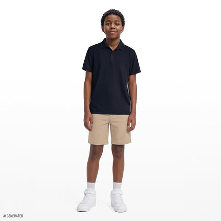 IZOD Boys' School Uniform Short Sleeve Polo Shirt, Button Closure, Moisture Wicking Performance Material, Navy, 8 Husky
