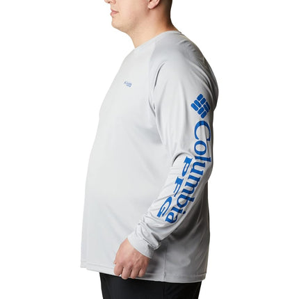 Columbia Men's Terminal Tackle Long Sleeve Fishing Shirt, Cool Grey/Vivid Blue Logo, Large