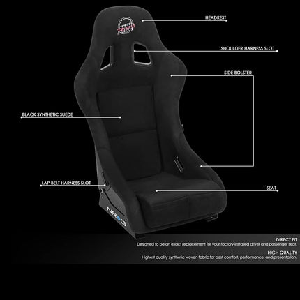 NRG Innovations NRG-FRP-303BK-PRISMA Prisma Fixed Back Bucket Racing Seat 6-Point Harnesses, Size M, Black Seat Cover