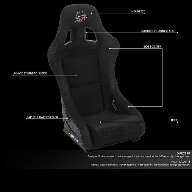 NRG Innovations NRG-FRP-303BK-PRISMA Prisma Fixed Back Bucket Racing Seat 6-Point Harnesses, Size M, Black Seat Cover