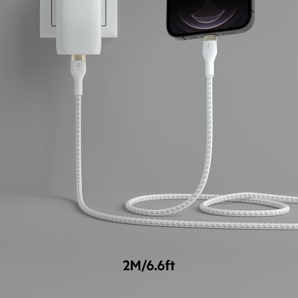 Belkin BoostCharge Pro Flex Braided USB Type C to Lightning Cable (2M/6.6ft), MFi Certified 20W Fast Charging PD Power Delivery for iPhone 14/14 Plus, 13, 12, Pro, Max, Mini, SE, iPad and More - White