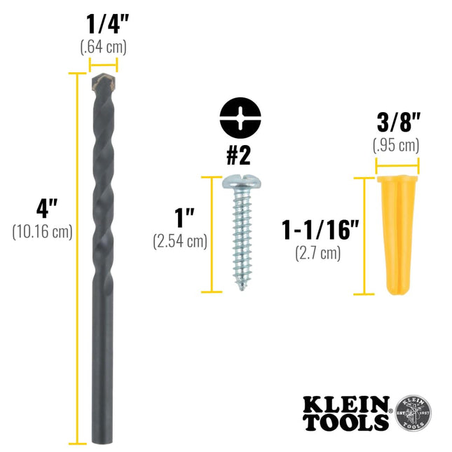 Klein Tools 53729 Kit de anclajes cónicos, 100 anclajes, 100 Phillips n.º 2, broca para mampostería de 1/4 pulg., paneles de yeso y mampostería