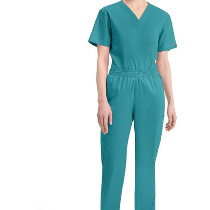Dickies EDS Signature Scrubs for Women, Elastic Waist Pull-On Cargo Pants for Women in Soft Brushed Poplin 86106, Teal Blue, L Petite