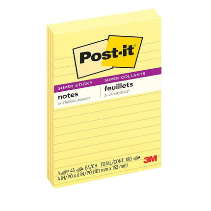 Post-it Super Sticky Lined Notes, 4 Sticky Note Pads, 4 x 6 in., School Supplies, Office Products, Sticky Notes for Vertical Surfaces, Monitors, Walls and Windows, Canary Yellow