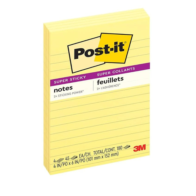 Post-it Super Sticky Lined Notes, 4 Sticky Note Pads, 4 x 6 in., School Supplies, Office Products, Sticky Notes for Vertical Surfaces, Monitors, Walls and Windows, Canary Yellow