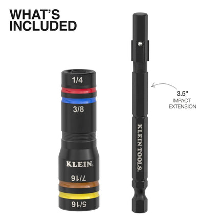 Klein Tools 651QS Quad Socket, 4 Sizes in 1 Socket, 4-in-1 Color Coded SAE Impact Rated, Deep-Well Heavy-Duty, 1/4-Inch Drive, 3-1/2-Inch Shaft