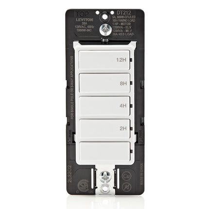 Leviton Countdown Switch for Lights, attic, heaters, Pool Pumps, 2-4-8-12 Hour, Neutral Wire Required, 20A, 1 HP/16A Fan/Motor, Single Pole, Multi-Way or Multi-Timer, DT212-1LW, White