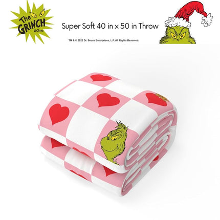 Franco Le Grinch Couverture Polaire à Carreaux Motif Cœur Saint-Valentin Super Douce Toucher Soie, 102 cm x 127 cm (Produit sous Licence Officielle)