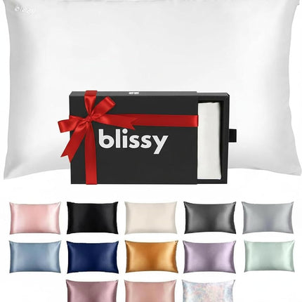 Blissy Silk Pillowcase - 100% Pure Mulberry Silk - 22 Momme 6A High-Grade Fibers - Silk Pillow Cover for Hair & Skin - Regular, Queen & King with Hidden Zipper (Queen, White)