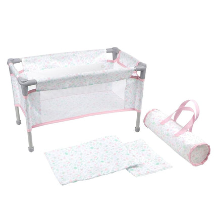 JC Toys - Foldable Travel Cot- Playground, dolls up to 45 cm, easily assembled and disassembled, includes bag, pillow and blanket, floral decoration, designed by Berenguer, + 3 years