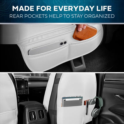 MotorBox Fundas de asiento – Edición DiamondLux Protectores de asiento de piel sintética premium blancos – Accesorios automotrices acolchados con doble costura en forma de cruz para camiones, todoterrenos, coches – Juego de asientos delanteros