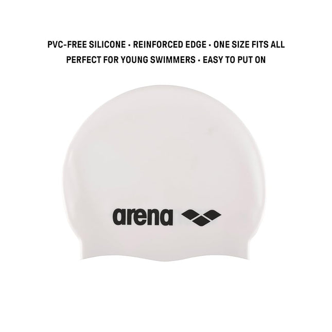 Arena Classic Silicone Swimming Cap Unisex for Girls and Boys - Comfortable and Durable - One Size - White/Black